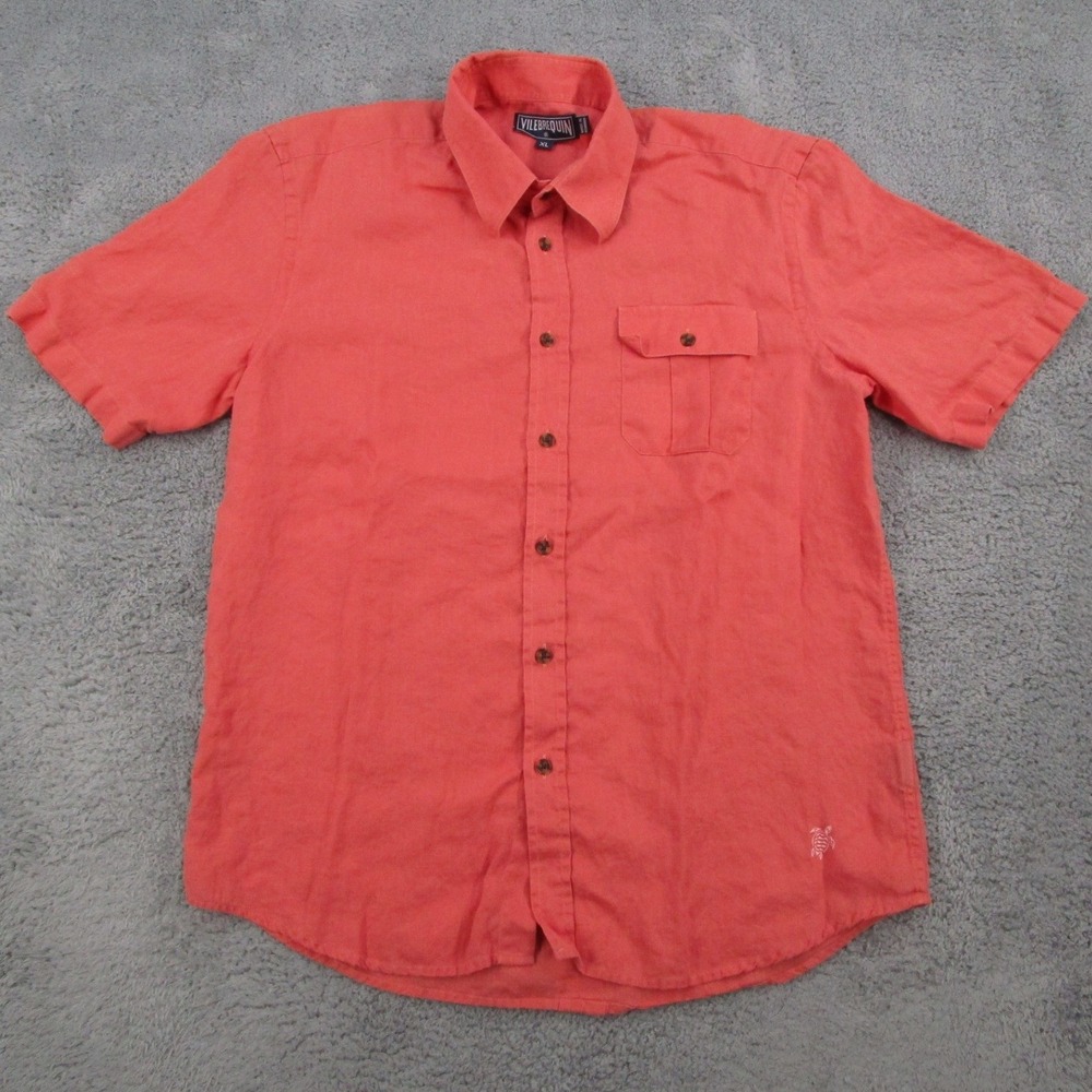 Vilebrequin Mens XL Coral Orange 100% Linen Short Sleeve Button Down Shirt Logo